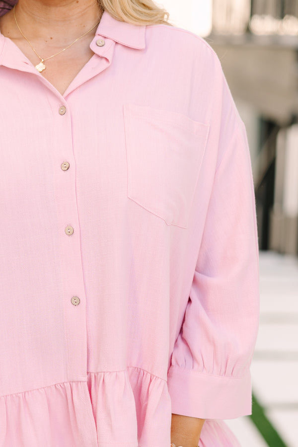 Chic Soul plus size clothing, baby pink cropped long sleeve button up top with ruffle hem