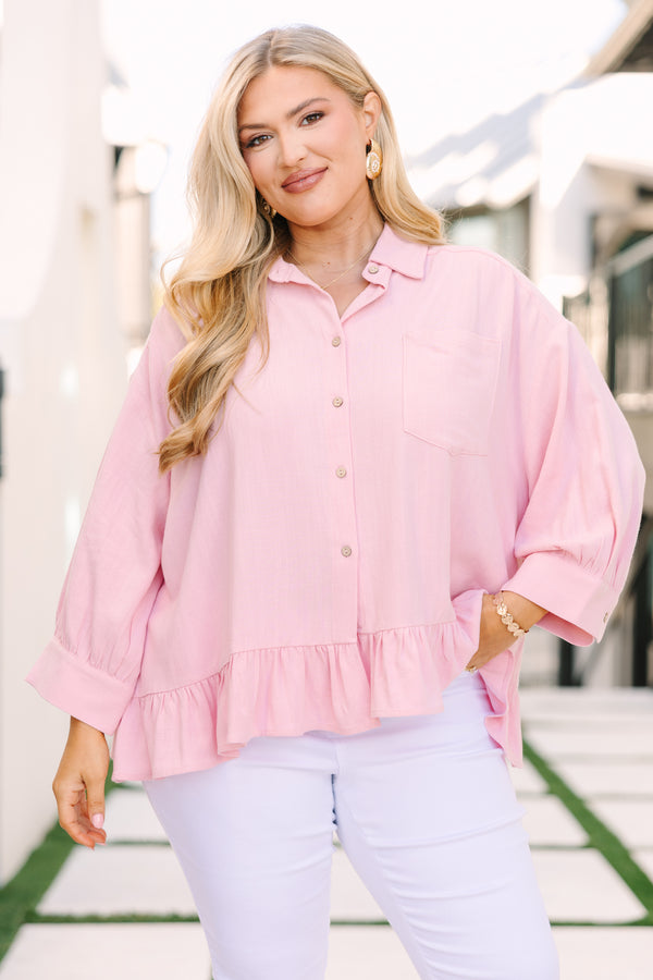 Chic Soul plus size clothing, baby pink cropped long sleeve button up top with ruffle hem