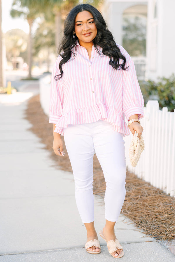 Chic Soul plus size clothing, pink striped button-up top with a ruffle detail going along the bottom of the top with half sleeves that have a cuff on each end 