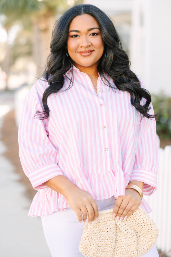 Chic Soul plus size clothing, pink striped button-up top with a ruffle detail going along the bottom of the top with half sleeves that have a cuff on each end 