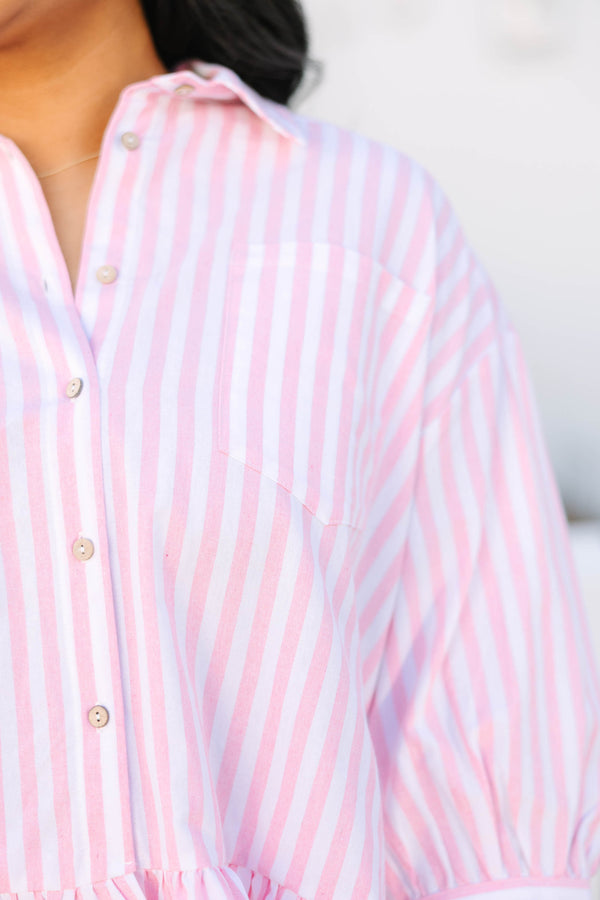 Chic Soul plus size clothing, pink striped button-up top with a ruffle detail going along the bottom of the top with half sleeves that have a cuff on each end 