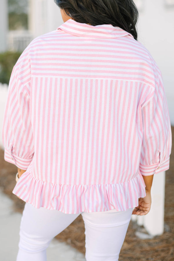 Chic Soul plus size clothing, pink striped button-up top with a ruffle detail going along the bottom of the top with half sleeves that have a cuff on each end 