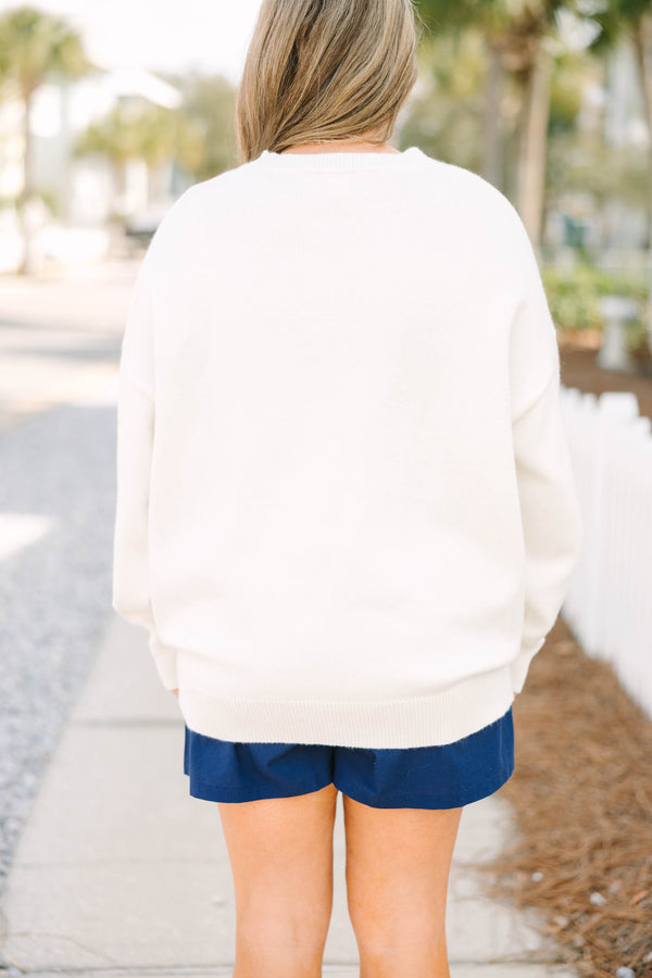 Chic Soul plus size clothing, ivory long sleeve knit sweater with light yellow lemon cut in half with one side showing the inside of the lemon and the other showing the outside with a green leaf and stem