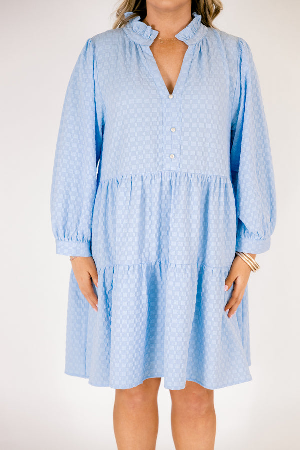 Chic Soul plus size clothing, light blue textured long sleeve short dress with ruffle collar and three pearl buttons down the front with a v-neckline and tiered skirt