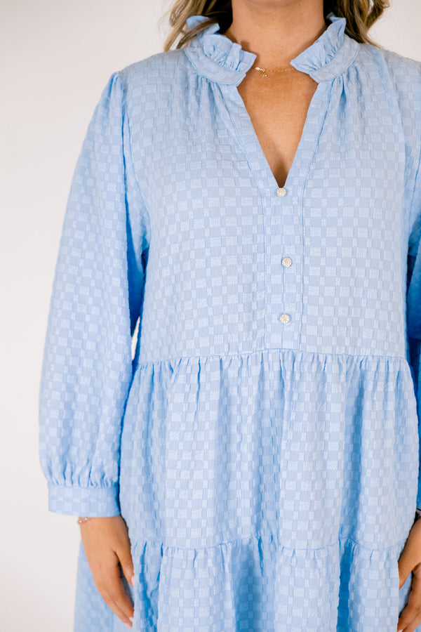 Chic Soul plus size clothing, light blue textured long sleeve short dress with ruffle collar and three pearl buttons down the front with a v-neckline and tiered skirt