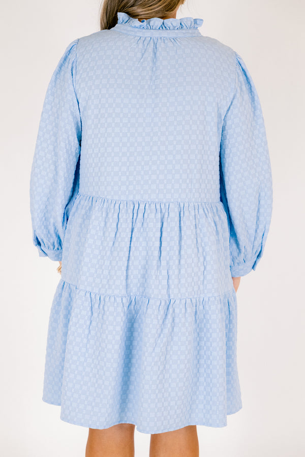 Chic Soul plus size clothing, light blue textured long sleeve short dress with ruffle collar and three pearl buttons down the front with a v-neckline and tiered skirt