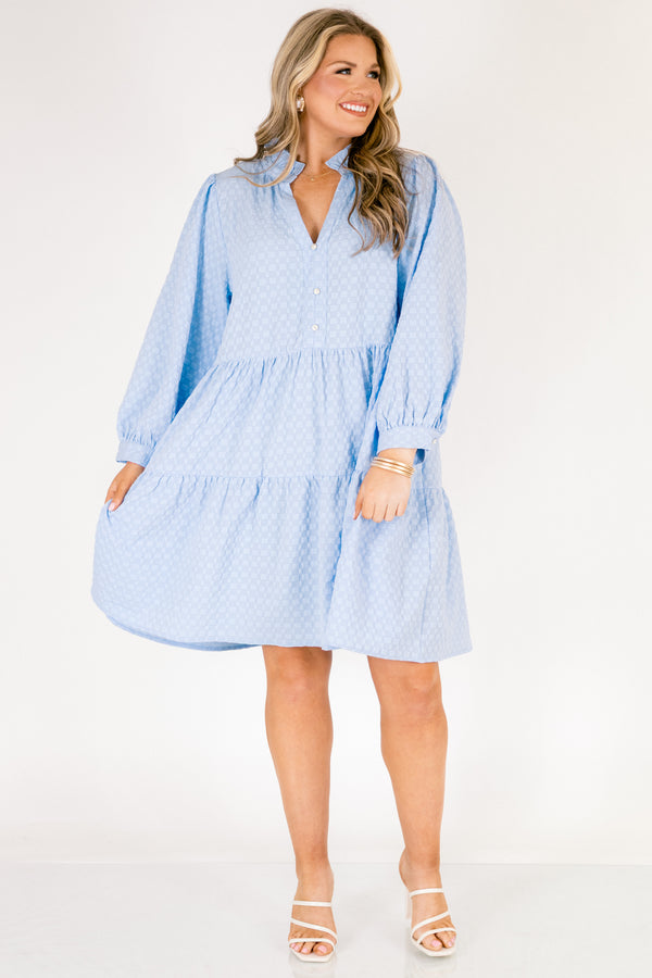 Chic Soul plus size clothing, light blue textured long sleeve short dress with ruffle collar and three pearl buttons down the front with a v-neckline and tiered skirt