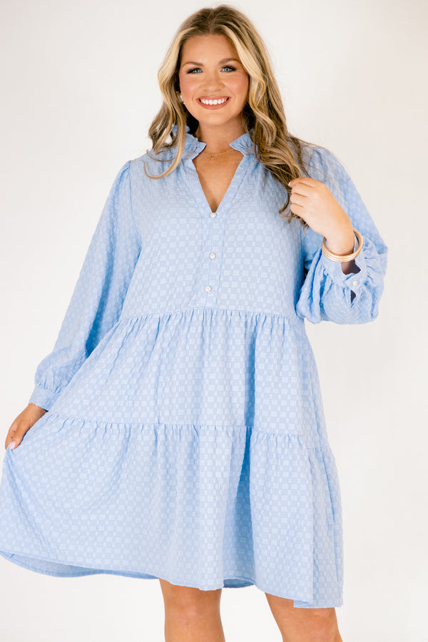 Chic Soul plus size clothing, light blue textured long sleeve short dress with ruffle collar and three pearl buttons down the front with a v-neckline and tiered skirt