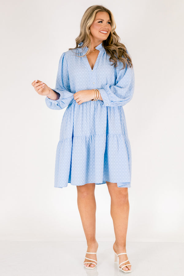 Chic Soul plus size clothing, light blue textured long sleeve short dress with ruffle collar and three pearl buttons down the front with a v-neckline and tiered skirt