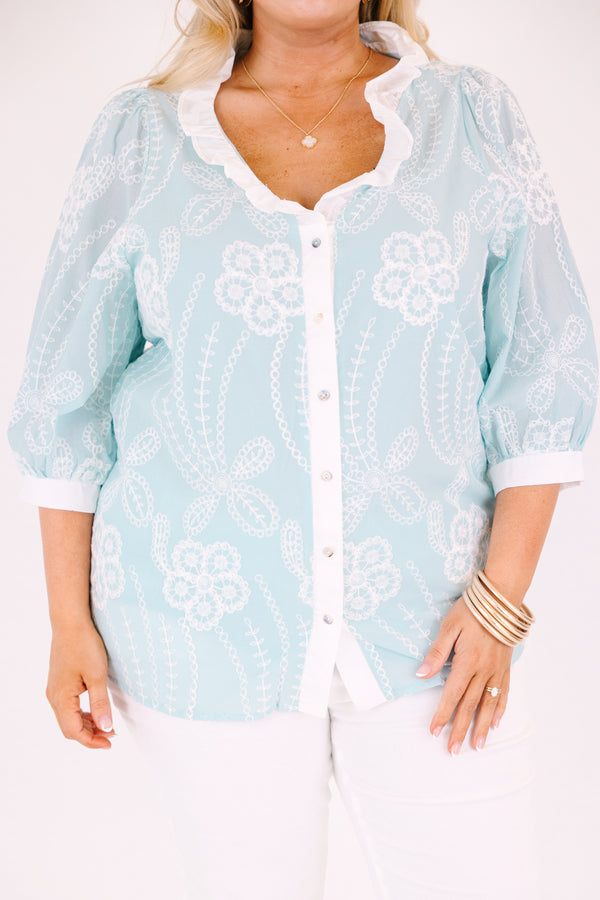 Chic soul plus size clothing, baby blue ¾ sleeve button up top with white floral detailing
