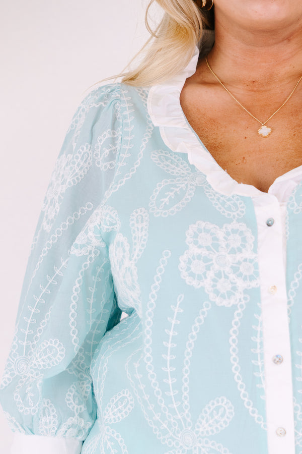 Chic soul plus size clothing, baby blue ¾ sleeve button up top with white floral detailing