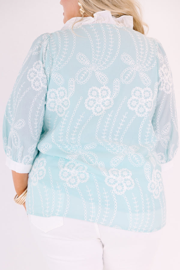 Chic soul plus size clothing, baby blue ¾ sleeve button up top with white floral detailing