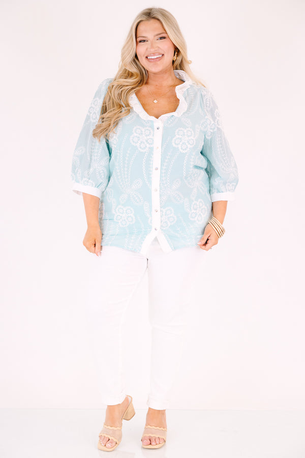 Chic soul plus size clothing, baby blue ¾ sleeve button up top with white floral detailing

