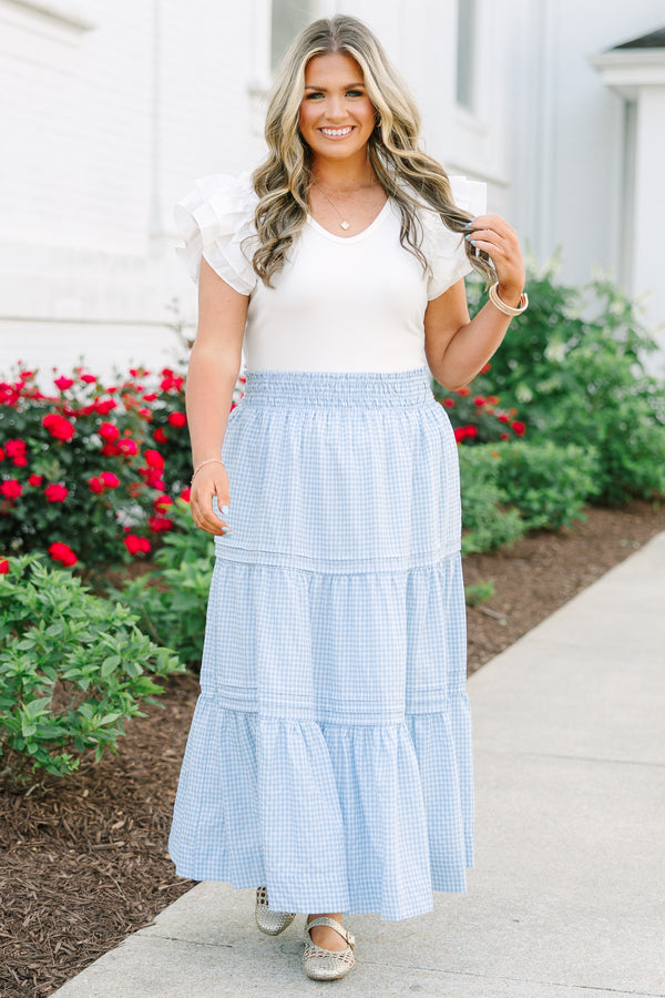Chic Soul Plus Size Clothing, an ankle length gingham print skirt in three tiers with small detailing at each tier seam