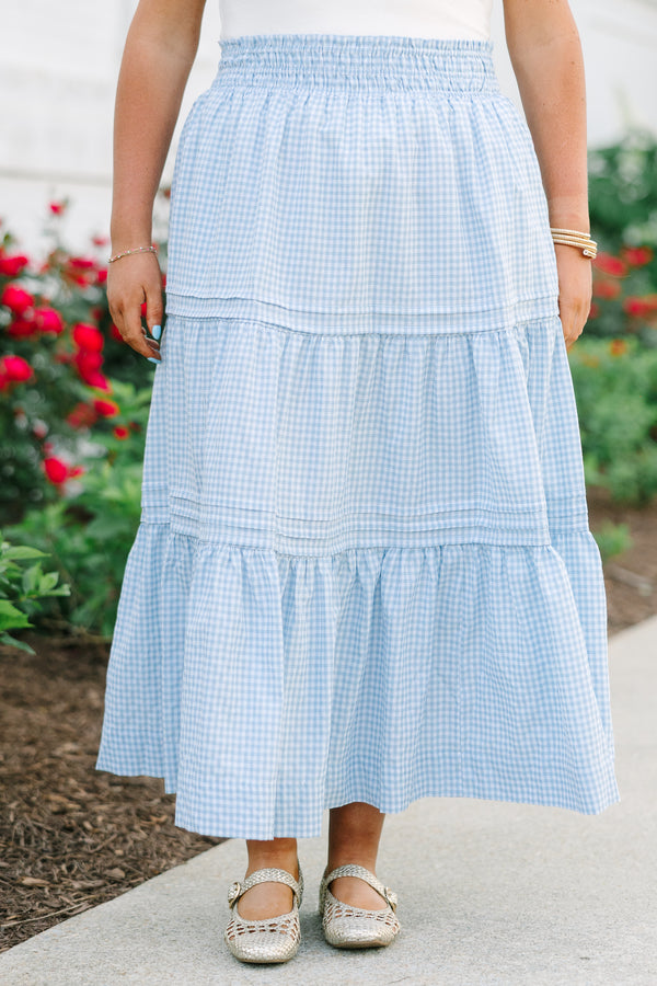Chic Soul Plus Size Clothing, an ankle length gingham print skirt in three tiers with small detailing at each tier seam