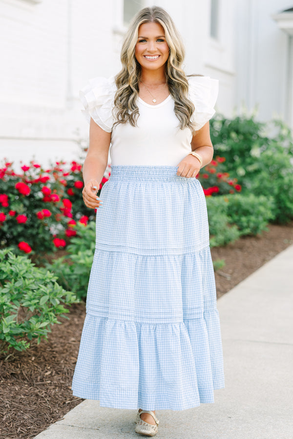 Chic Soul Plus Size Clothing, an ankle length gingham print skirt in three tiers with small detailing at each tier seam