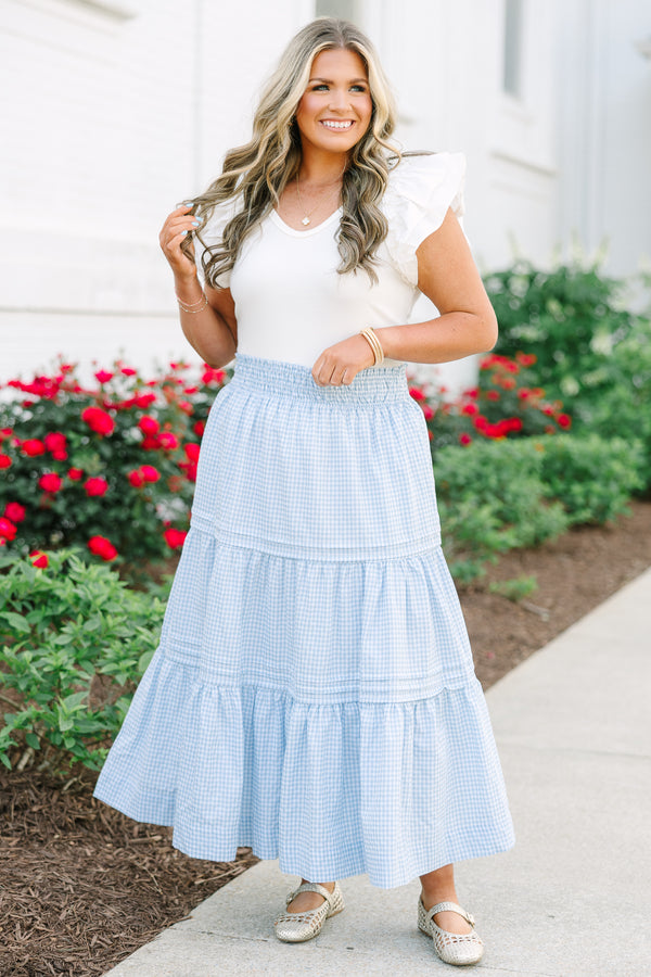 Chic Soul Plus Size Clothing, an ankle length gingham print skirt in three tiers with small detailing at each tier seam