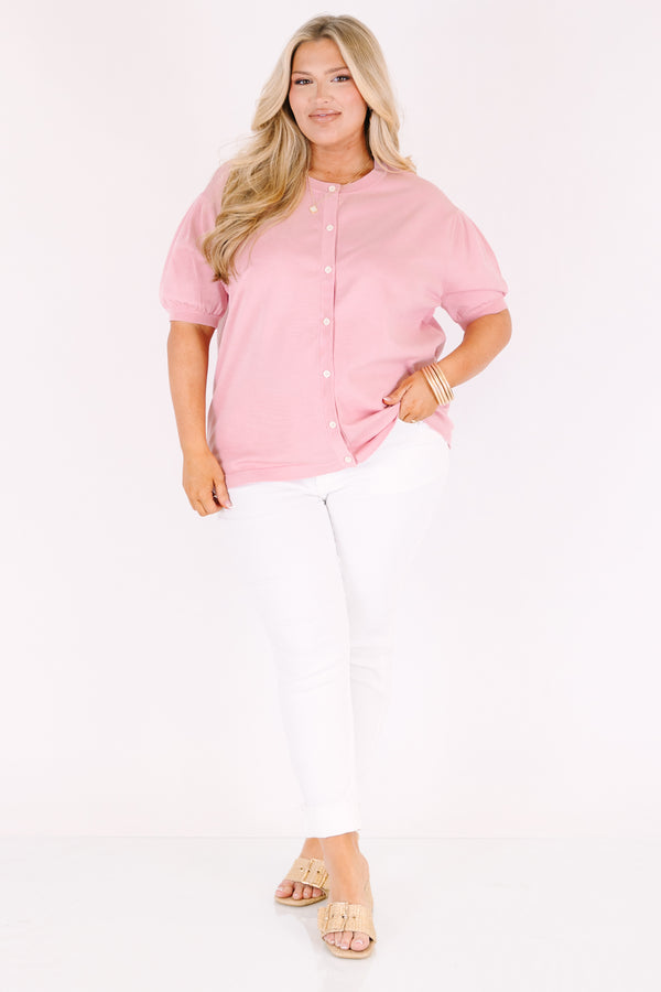 Chic Soul plus size clothing, light pink short puff sleeve button up cardigan