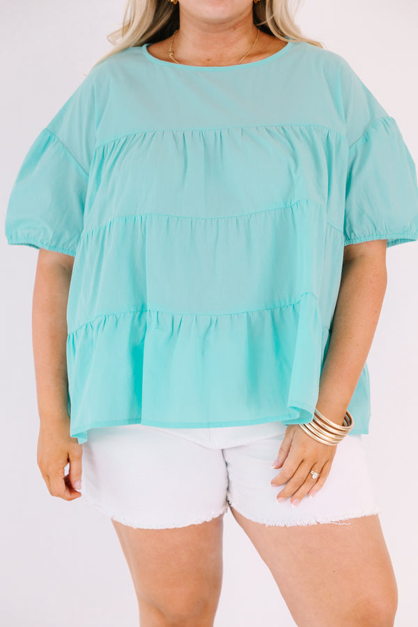 Chic Soul plus size clothing, mint tiered baby doll top with bubble sleeves 