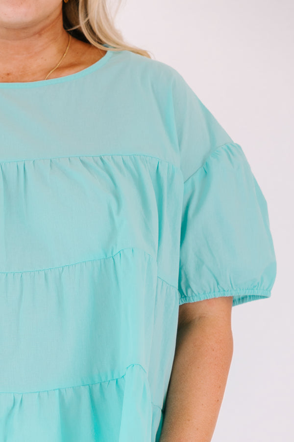 Chic Soul plus size clothing, mint tiered baby doll top with bubble sleeves 