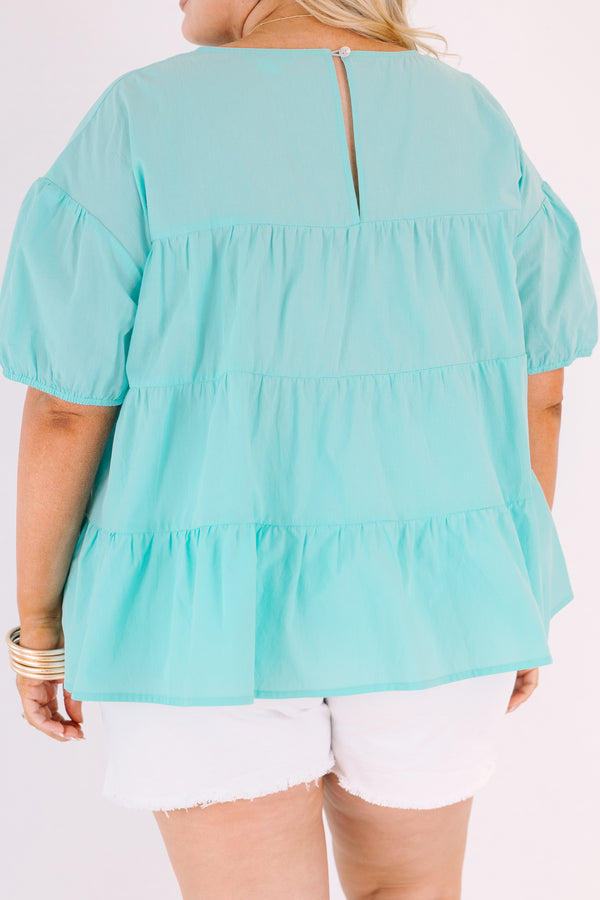 Chic Soul plus size clothing, mint tiered baby doll top with bubble sleeves 