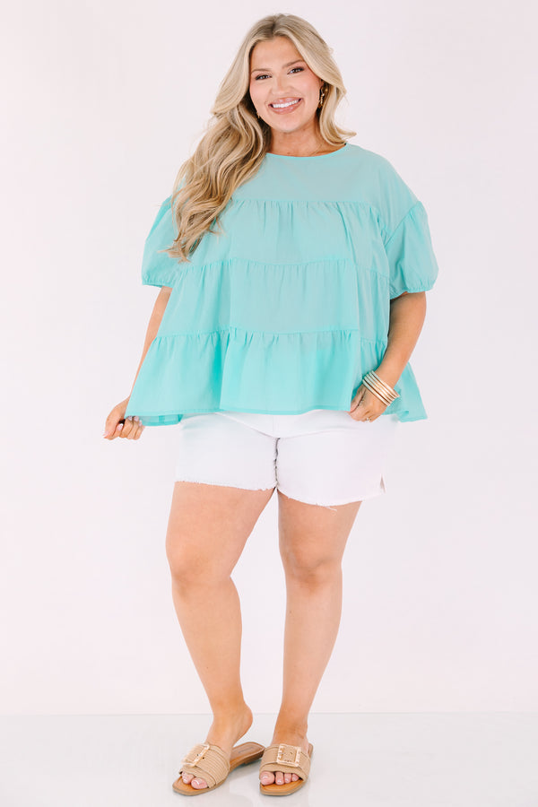 Chic Soul plus size clothing, mint tiered baby doll top with bubble sleeves 