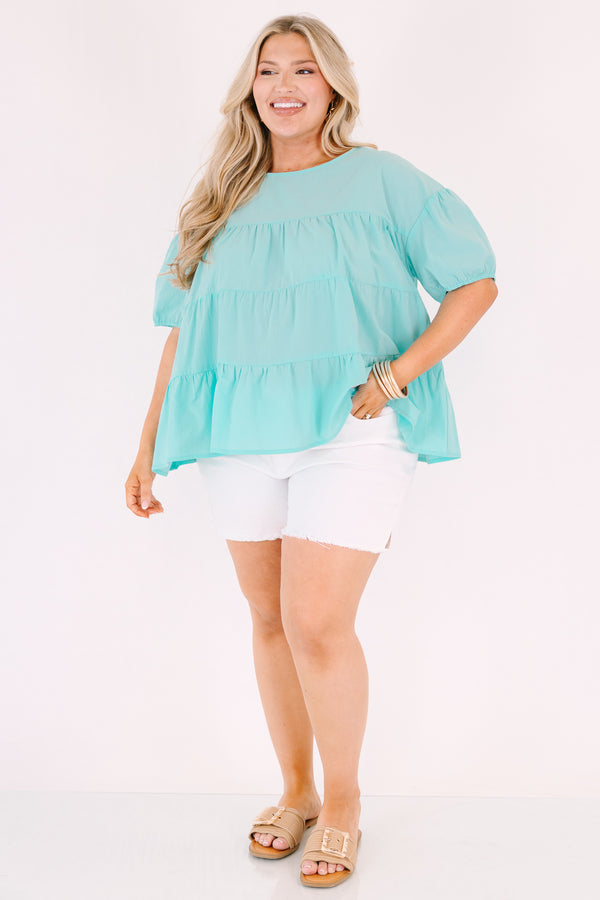 Chic Soul plus size clothing, mint tiered baby doll top with bubble sleeves 