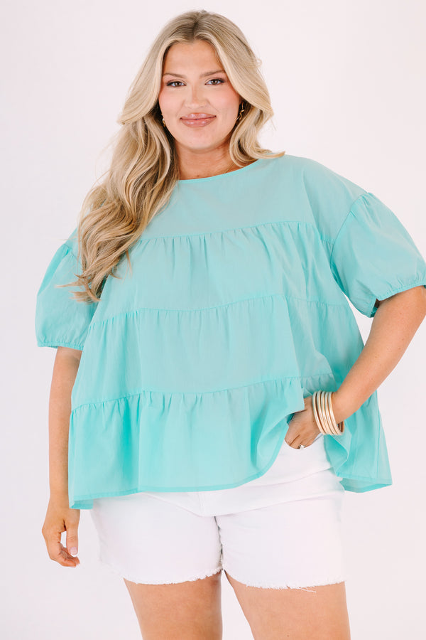 Chic Soul plus size clothing, mint tiered baby doll top with bubble sleeves 