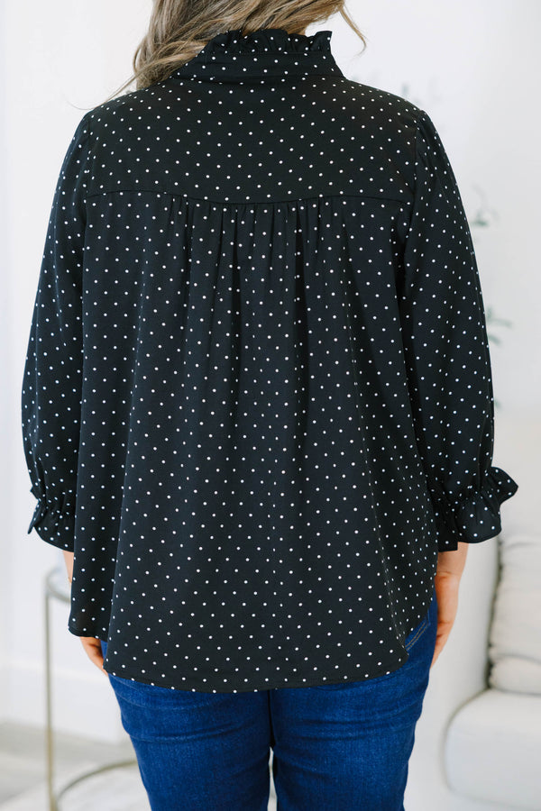 Plus size clothing, black polka dot long sleeve blouse with ruffle detail