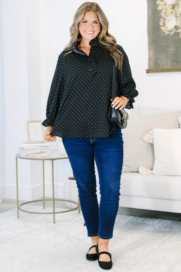 Plus size clothing, black polka dot long sleeve blouse with ruffle detail