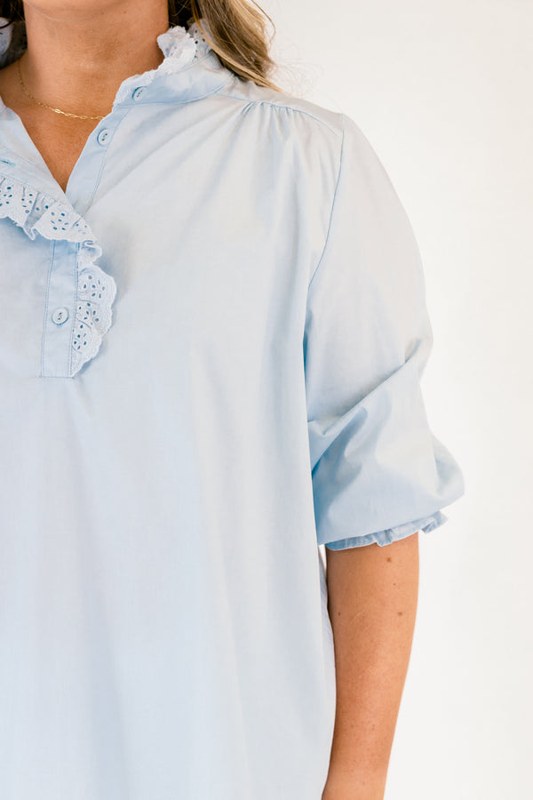 Chic Soul plus size clothing, blue mid sleeve top with ruffle collar and cinching at the sleeves