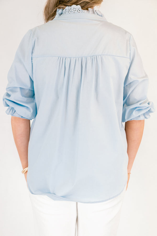 Chic Soul plus size clothing, blue mid sleeve top with ruffle collar and cinching at the sleeves