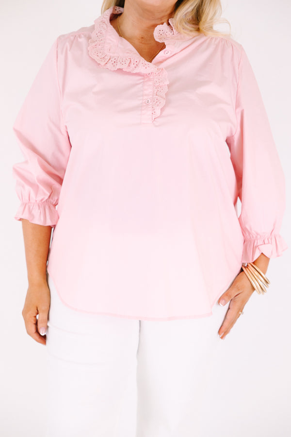 Chic Soul plus size clothing, pink top with half sleeves with a ruffle flare out on the end of each sleeve and buttons going along the center of the top to the middle of the chest that have a lace ruffle detail 