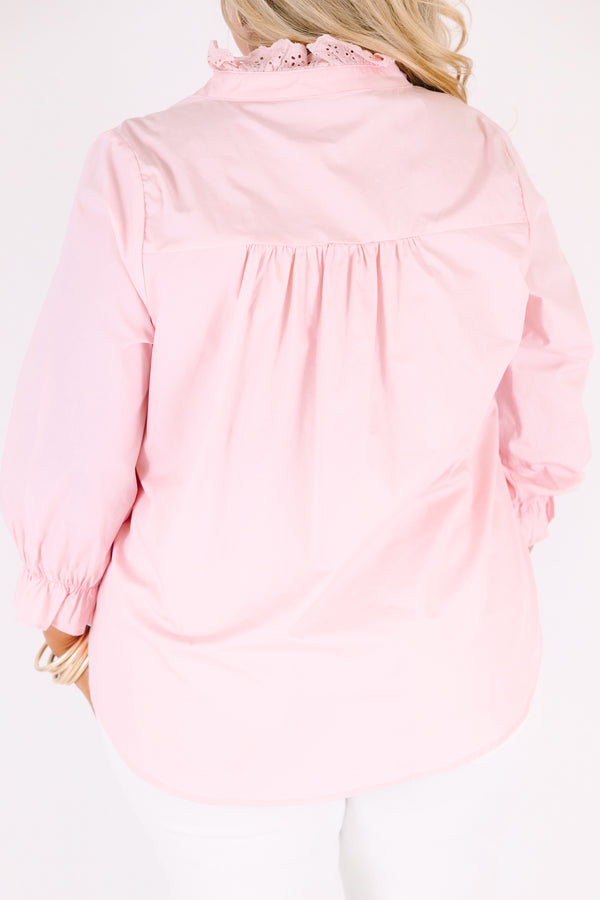Chic Soul plus size clothing, pink top with half sleeves with a ruffle flare out on the end of each sleeve and buttons going along the center of the top to the middle of the chest that have a lace ruffle detail 