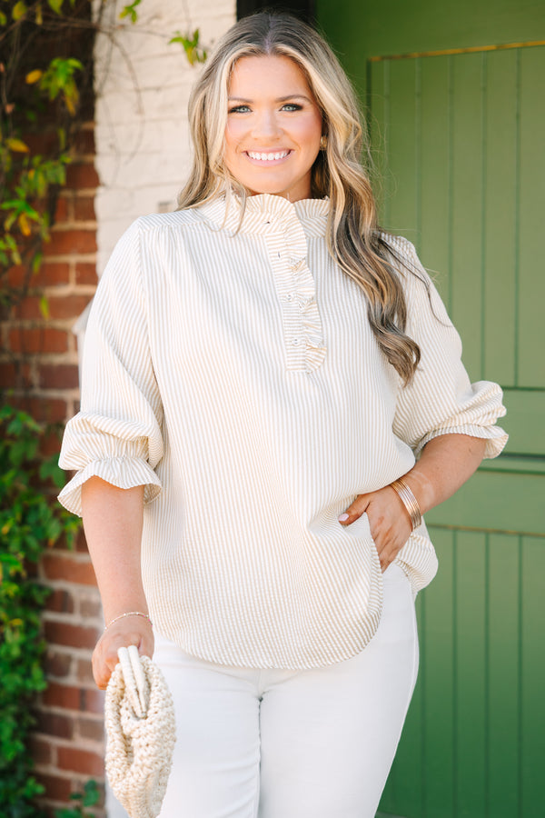 Chic Soul plus size clothing, tan striped top with half sleeves that have a ruffle on the ends of each sleeve as well as ruffle detailing along the button-up neckline