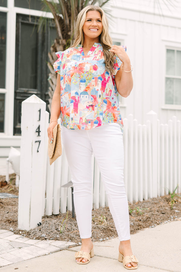 Chic Soul plus size clothing, multi colored flutter sleeve top with cityscape pattern and v-neckline