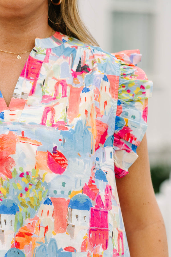 Chic Soul plus size clothing, multi colored flutter sleeve top with cityscape pattern and v-neckline