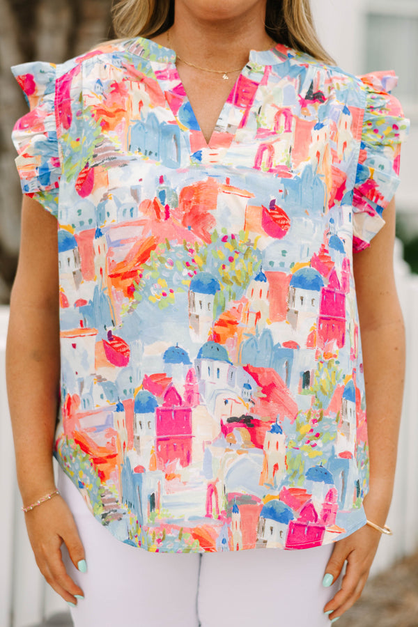 Chic Soul plus size clothing, multi colored flutter sleeve top with cityscape pattern and v-neckline