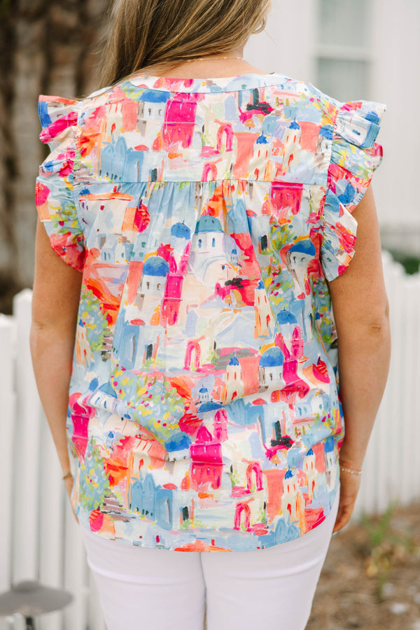 Chic Soul plus size clothing, multi colored flutter sleeve top with cityscape pattern and v-neckline