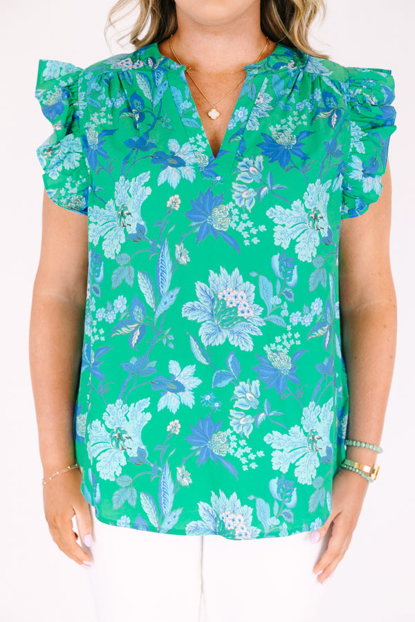 Chic Soul plus size clothing, green and blue floral print ruffle flutter cap sleeve top with v neck cutout