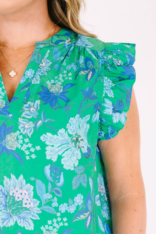 Chic Soul plus size clothing, green and blue floral print ruffle flutter cap sleeve top with v neck cutout