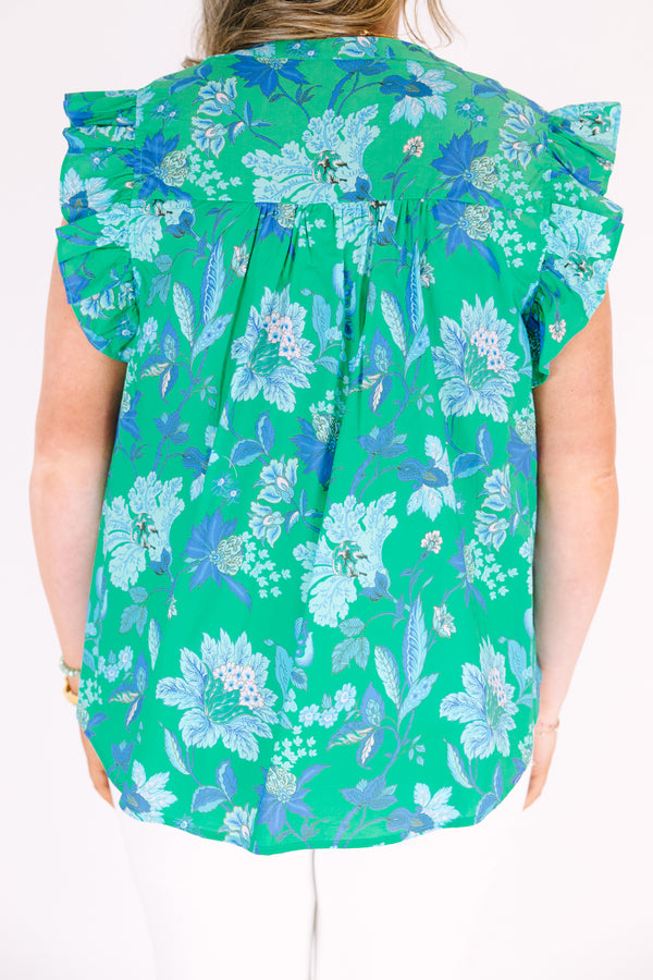 Chic Soul plus size clothing, green and blue floral print ruffle flutter cap sleeve top with v neck cutout