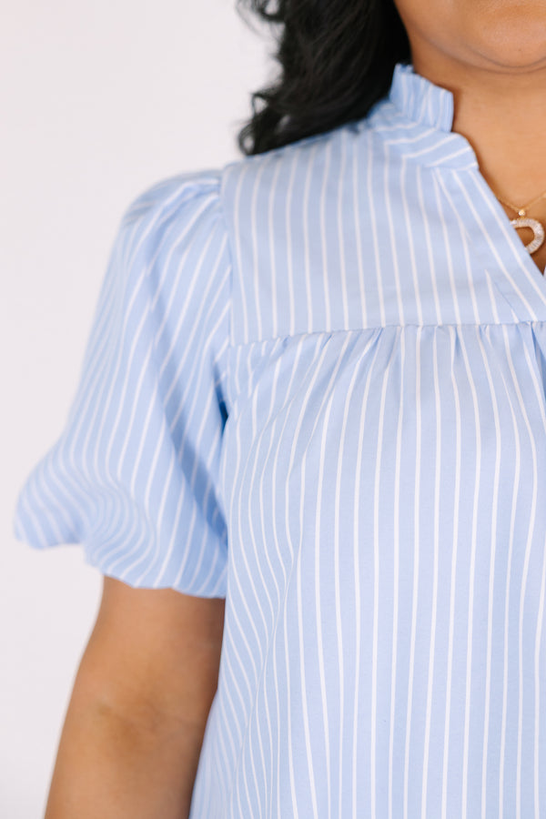 Chic soul plus size clothing, blue striped top with bubble sleeves and a slight v-neckline
