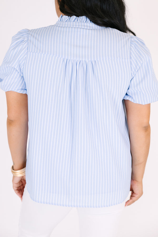 Chic soul plus size clothing, blue striped top with bubble sleeves and a slight v-neckline
