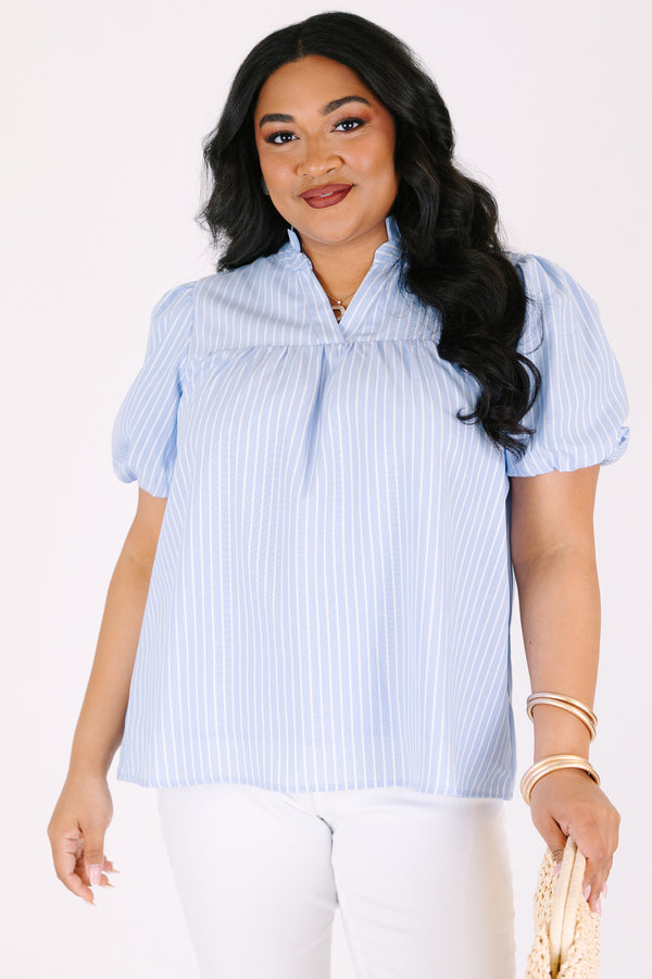 Chic soul plus size clothing, blue striped top with bubble sleeves and a slight v-neckline
