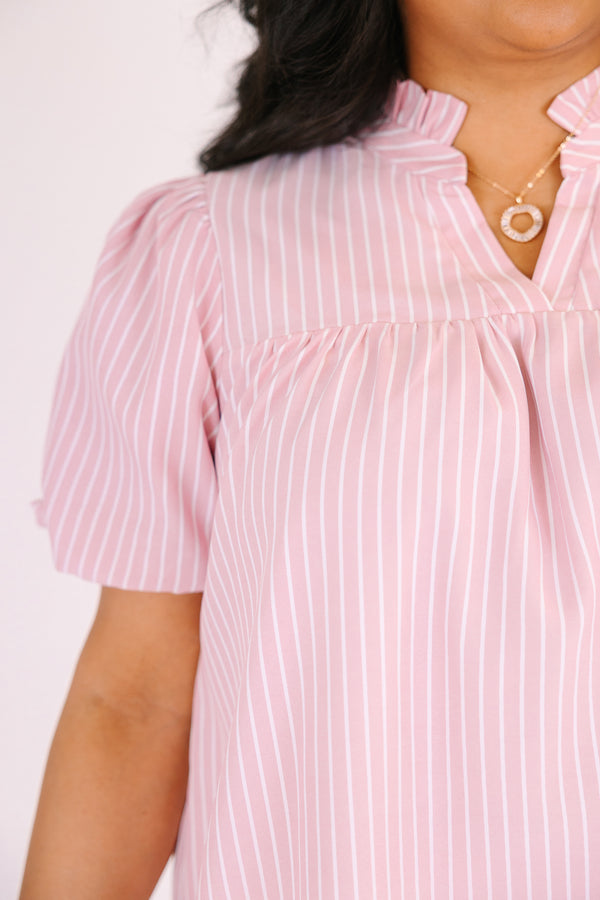 Chic Soul plus size clothing pink striped top with bubble sleeves and a slight v-neckline 