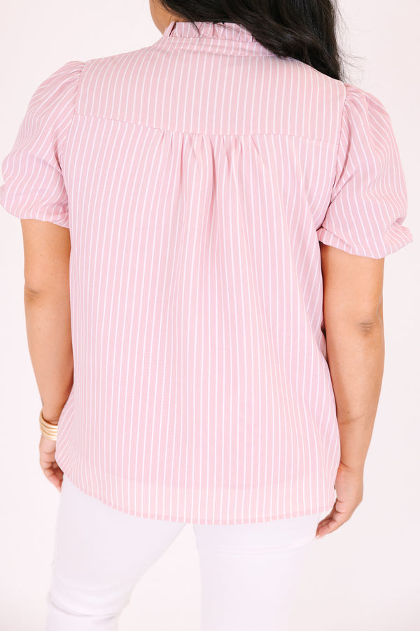 Chic Soul plus size clothing pink striped top with bubble sleeves and a slight v-neckline 