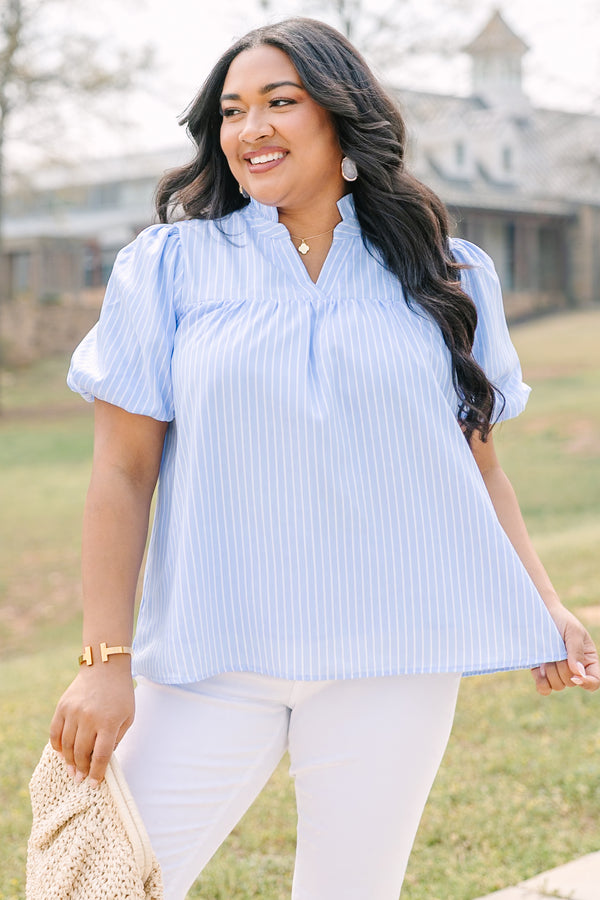 Chic soul plus size clothing, blue striped top with bubble sleeves and a slight v-neckline
