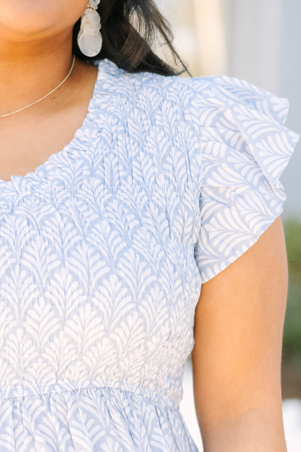 Chic Soul plus size clothing, light blue short flutter sleeve babydoll top with scoop neckline and white palm leaf pattern