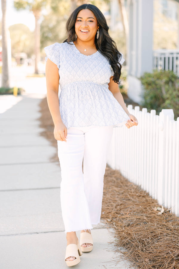 Chic Soul plus size clothing, light blue short flutter sleeve babydoll top with scoop neckline and white palm leaf pattern